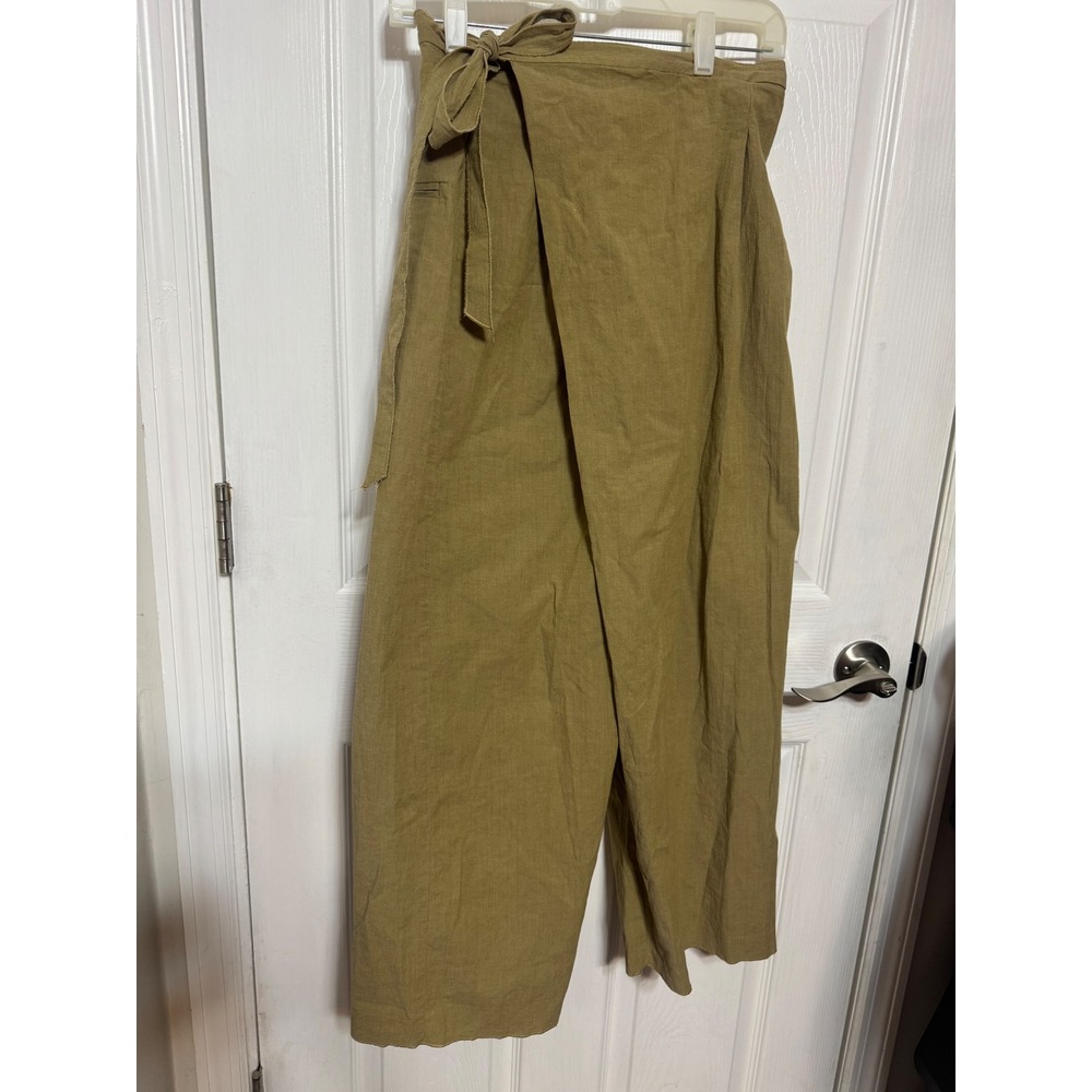 Zara Women Mustard Olive Green Linen Blend Wrap Wide Leg Pants Size Small